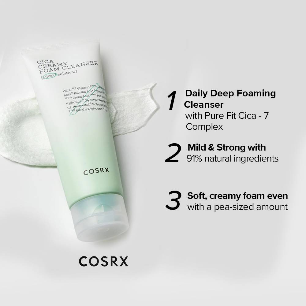 فوم شوینده کرمی ترمیم کننده و تسکین دهنده سیکا کوزارکس COSRX Pure Fit Cica Creamy Foam Cleanser