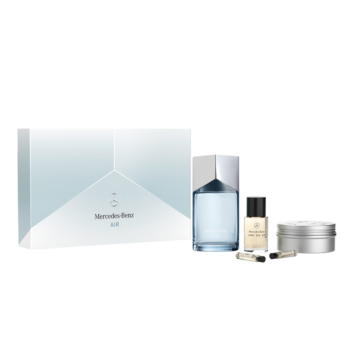ست هدیه 5 عددی عطر ادکلن مردانه مرسدس بنز ایر MERCEDES-BENZ AIR 100ml+ haire Oil 30ml + Solid Shower Gel 110gr + 2×1.5ml komplekt