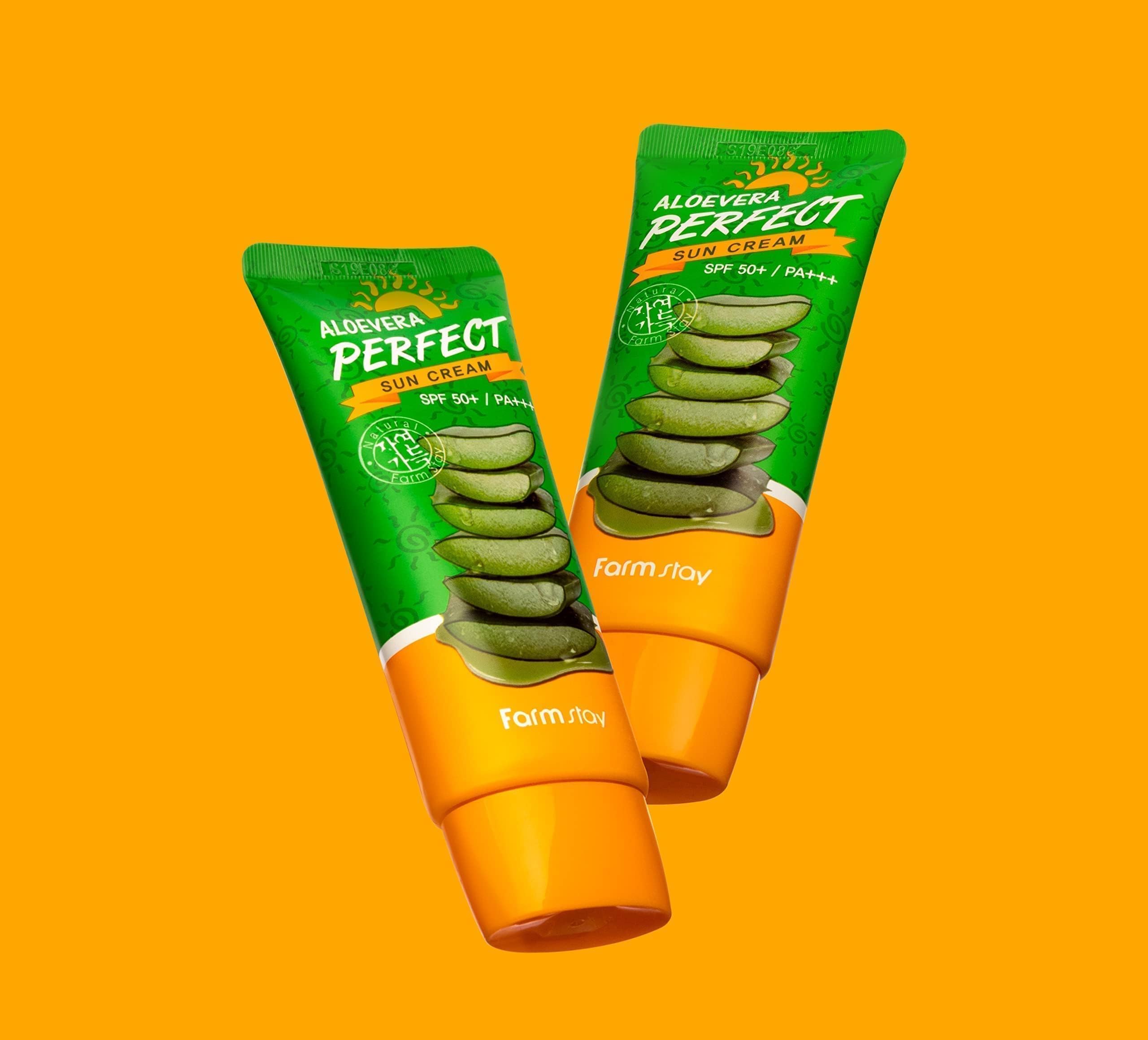 کرم ضد آفتاب فارم استی مدل ALOE VERA PERFECT حاوی آلوئه ورا SPF50 وزن 70 گرم FARM STAY ALOEVERA PERFECT SUN CREAM SPF50