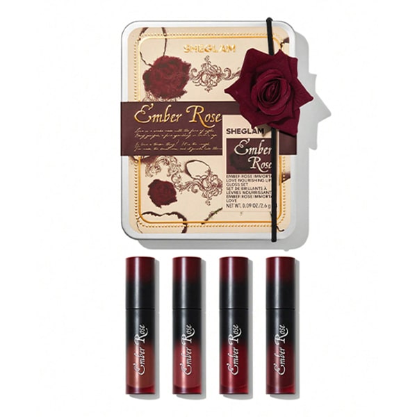 کیت رژ لب مایع براق شیگلم مدل EMBER ROSE بسته 4 عددی شیگلم SHEGLAM EMBER ROSE IMMORTAL LOVE NOURISHING LIP GLOSS SET