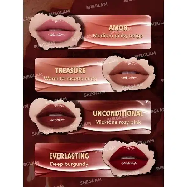 کیت رژ لب مایع براق شیگلم مدل EMBER ROSE بسته 4 عددی شیگلم SHEGLAM EMBER ROSE IMMORTAL LOVE NOURISHING LIP GLOSS SET
