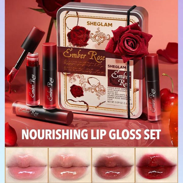 کیت رژ لب مایع براق شیگلم مدل EMBER ROSE بسته 4 عددی شیگلم SHEGLAM EMBER ROSE IMMORTAL LOVE NOURISHING LIP GLOSS SET
