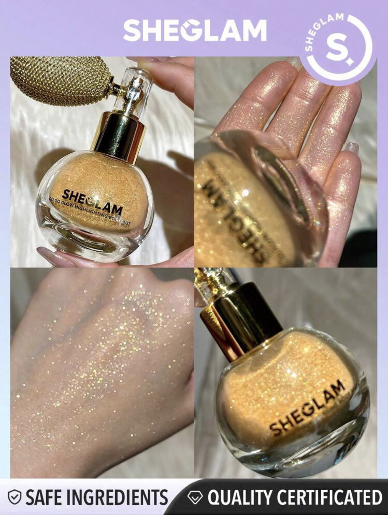 بادی میست در 3 رنگ (اسپری شاین بدن ، مو ، لباس ) شیگلم Sheglam Glow Highlighting Body Mist Gold