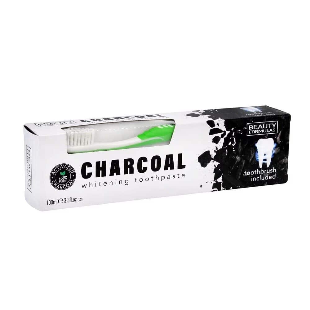 خمیر دندال زغال Charcoal حجم 100 میل و مسواک Whitening Toothpaste with Active Charcoal + Brush, Beauty Formulas