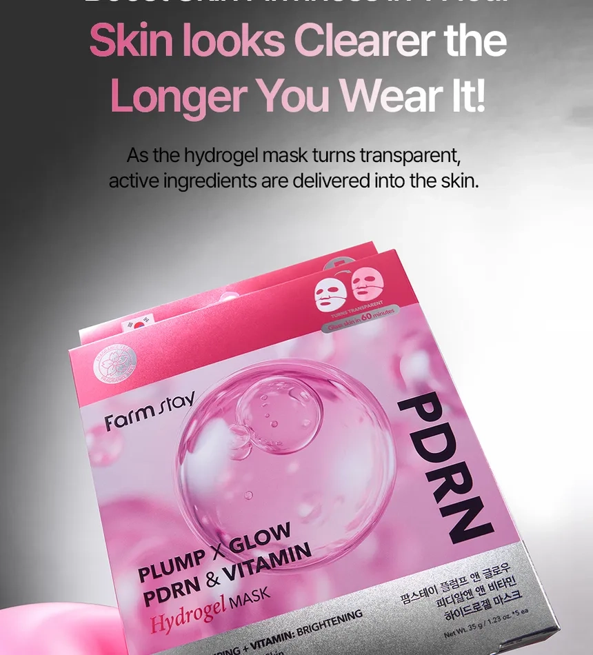 ماسک ورقه ای(جدا شده از پک) هیدروژلی فارم استی حاوی پی در آر ان و ویتامین Farmstay – Plump x Glow PDRN and Vitamin Hydrogel Mask, 5 sheets